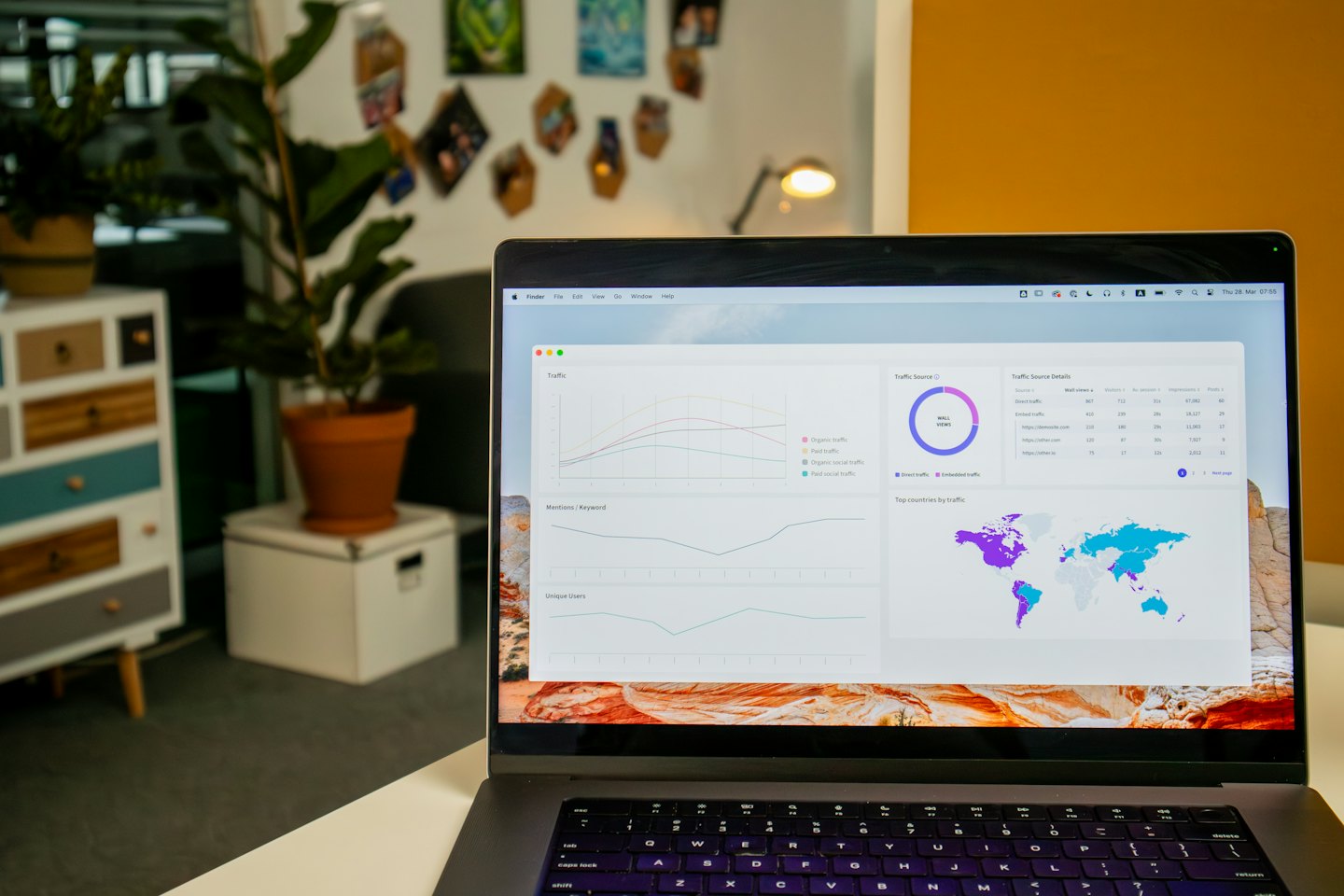 Laptop showing a digital analytics dashboard on a white desk.